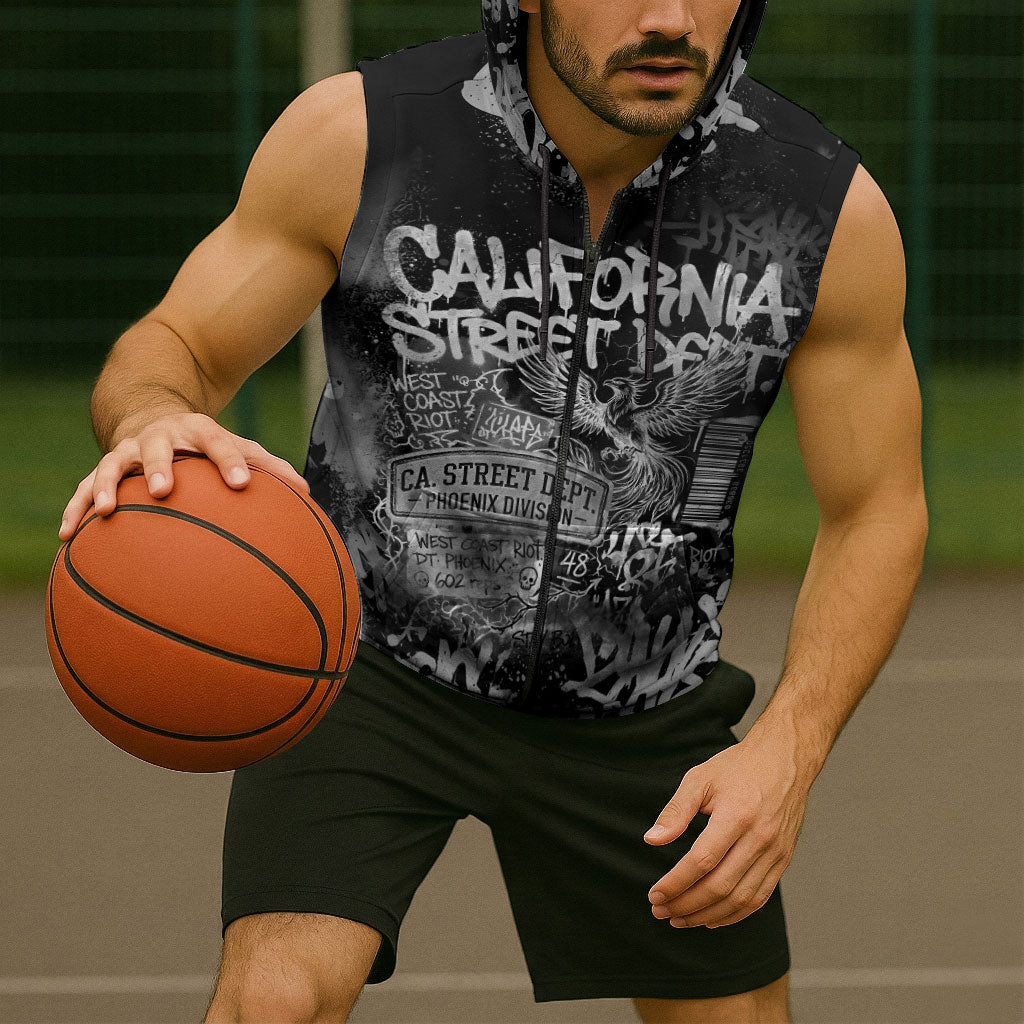 Personalized California Street Graffiti Sleeveless Zip Hoodie Monochrome Urban Streetwear - Phoenix Bird - West Coast Riot
