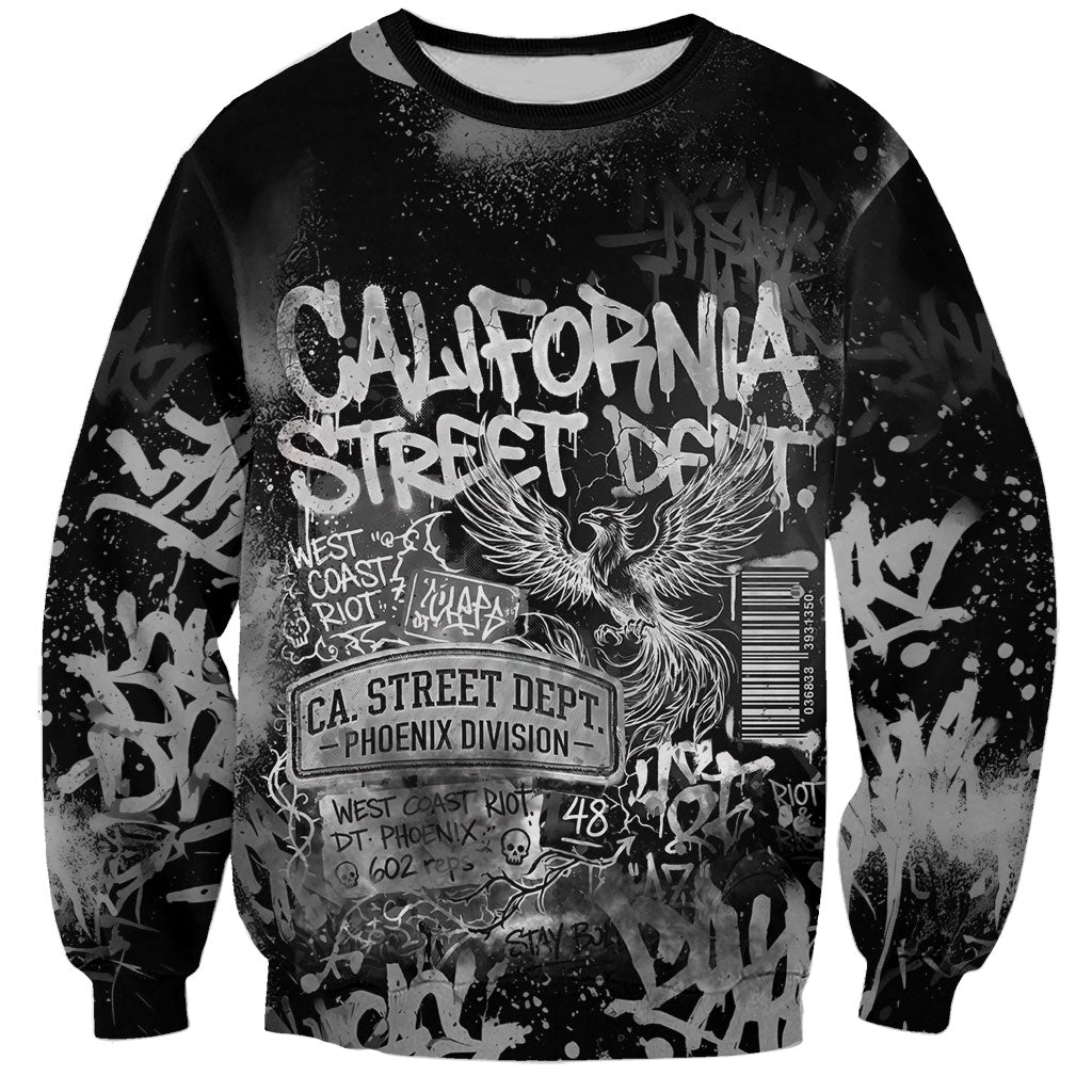 Personalized California Street Graffiti Sweatshirt Monochrome Urban Streetwear - Phoenix Bird - West Coast Riot