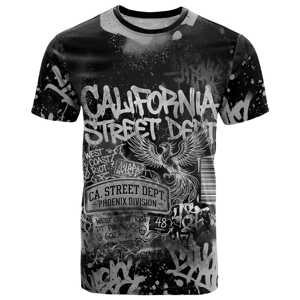 Personalized California Street Graffiti T Shirt Monochrome Urban Streetwear - Phoenix Bird - West Coast Riot