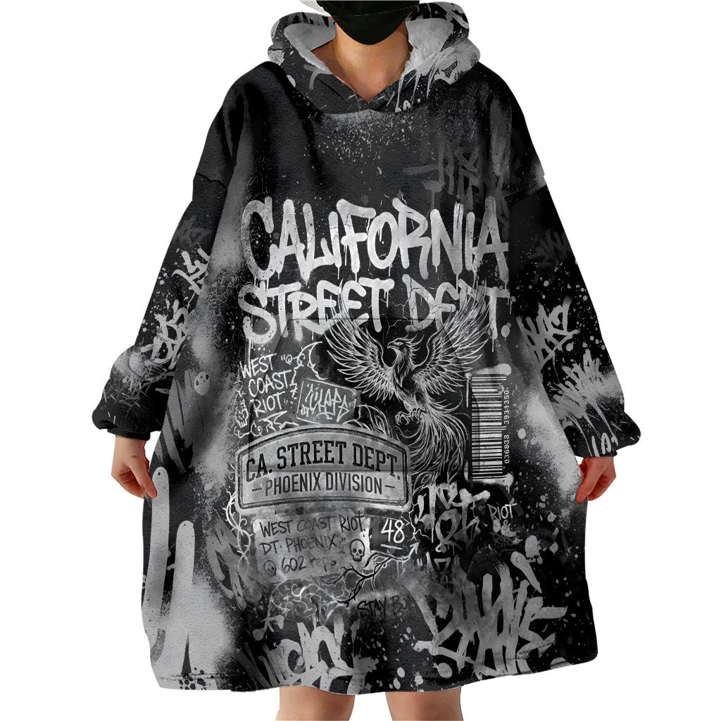 Personalized California Street Graffiti Wearable Blanket Hoodie Monochrome Urban Streetwear - Phoenix Bird - West Coast Riot