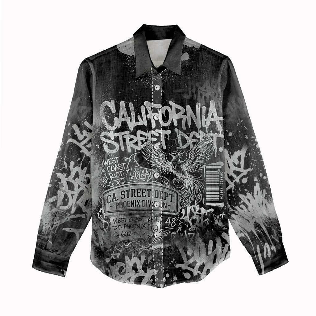Personalized California Street Graffiti Women Casual Shirt Monochrome Urban Streetwear - Phoenix Bird - West Coast Riot