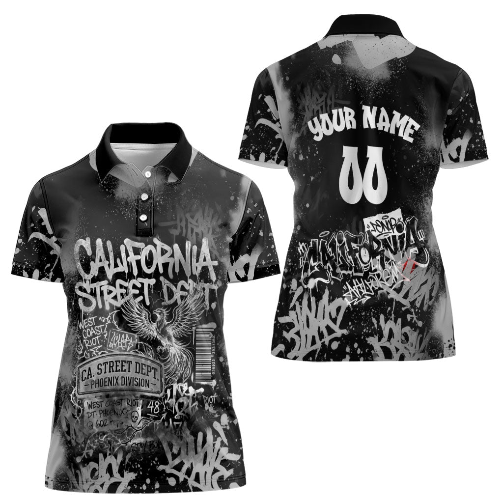 Personalized California Street Graffiti Women Polo Shirt Monochrome Urban Streetwear - Phoenix Bird - West Coast Riot
