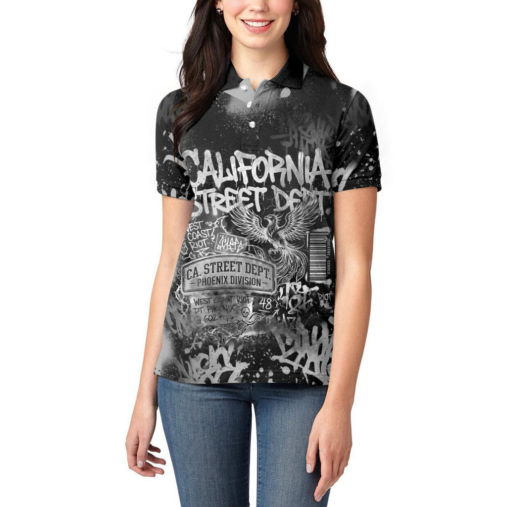 Personalized California Street Graffiti Women Polo Shirt Monochrome Urban Streetwear - Phoenix Bird - West Coast Riot