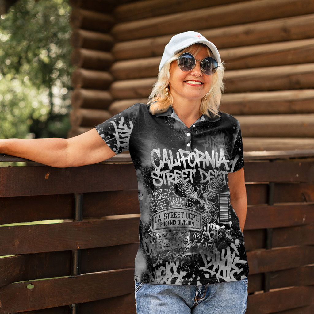 Personalized California Street Graffiti Women Polo Shirt Monochrome Urban Streetwear - Phoenix Bird - West Coast Riot