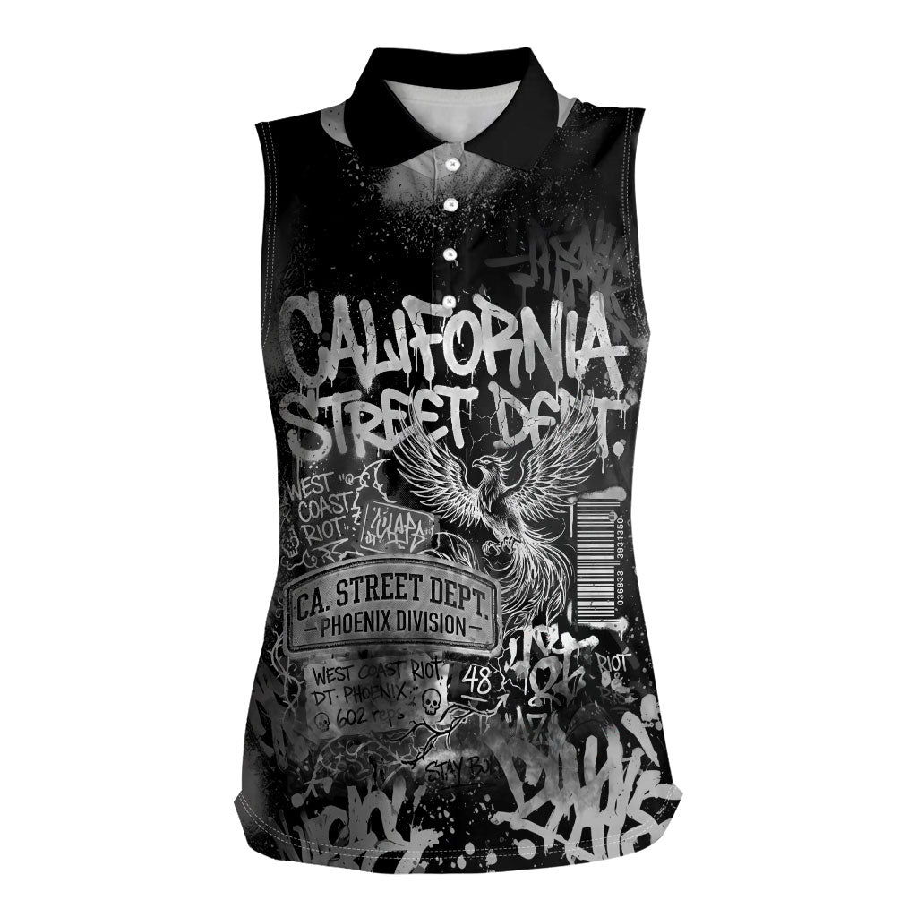 Personalized California Street Graffiti Women Sleeveless Polo Shirt Monochrome Urban Streetwear - Phoenix Bird - West Coast Riot
