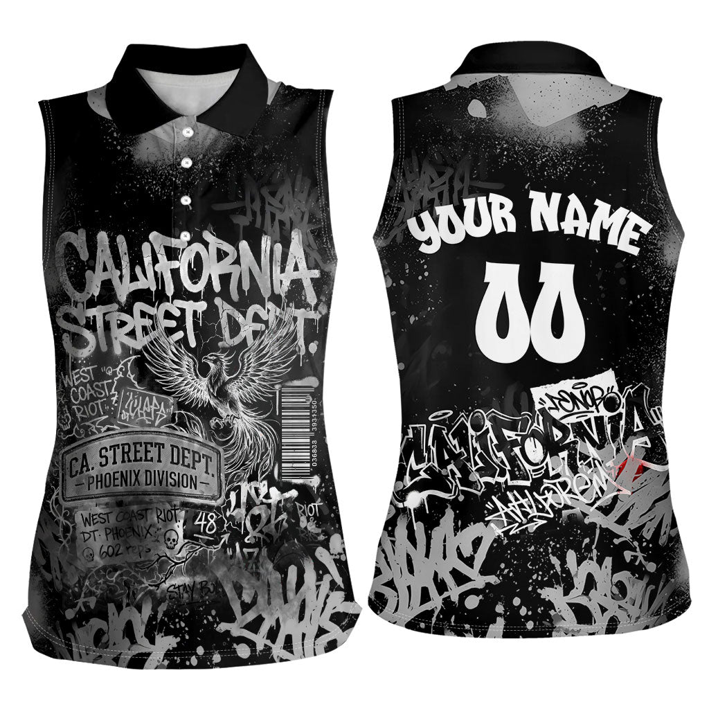 Personalized California Street Graffiti Women Sleeveless Polo Shirt Monochrome Urban Streetwear - Phoenix Bird - West Coast Riot