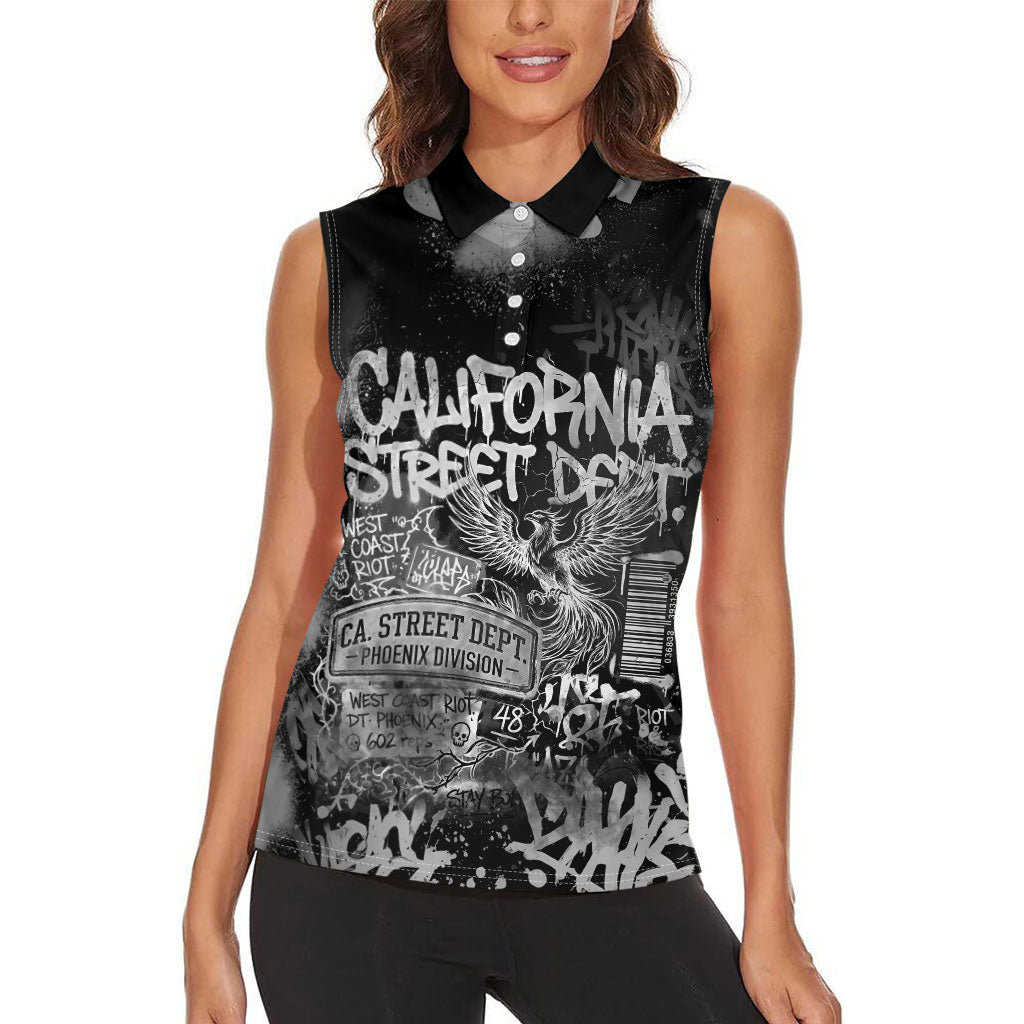 Personalized California Street Graffiti Women Sleeveless Polo Shirt Monochrome Urban Streetwear - Phoenix Bird - West Coast Riot