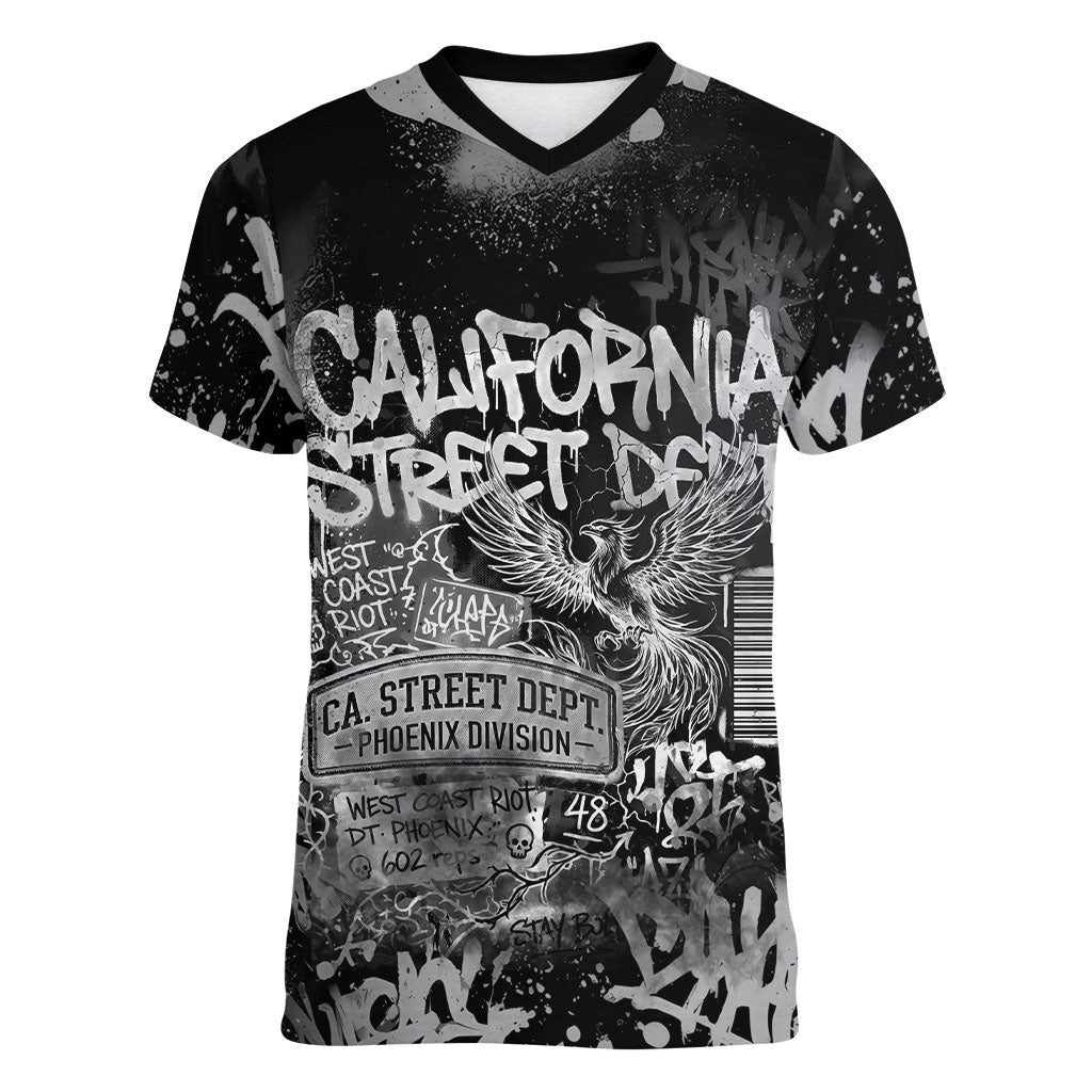 Personalized California Street Graffiti Women V-Neck T-Shirt Monochrome Urban Streetwear - Phoenix Bird - West Coast Riot