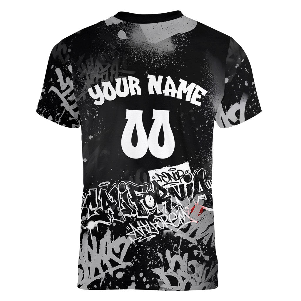 Personalized California Street Graffiti Women V-Neck T-Shirt Monochrome Urban Streetwear - Phoenix Bird - West Coast Riot