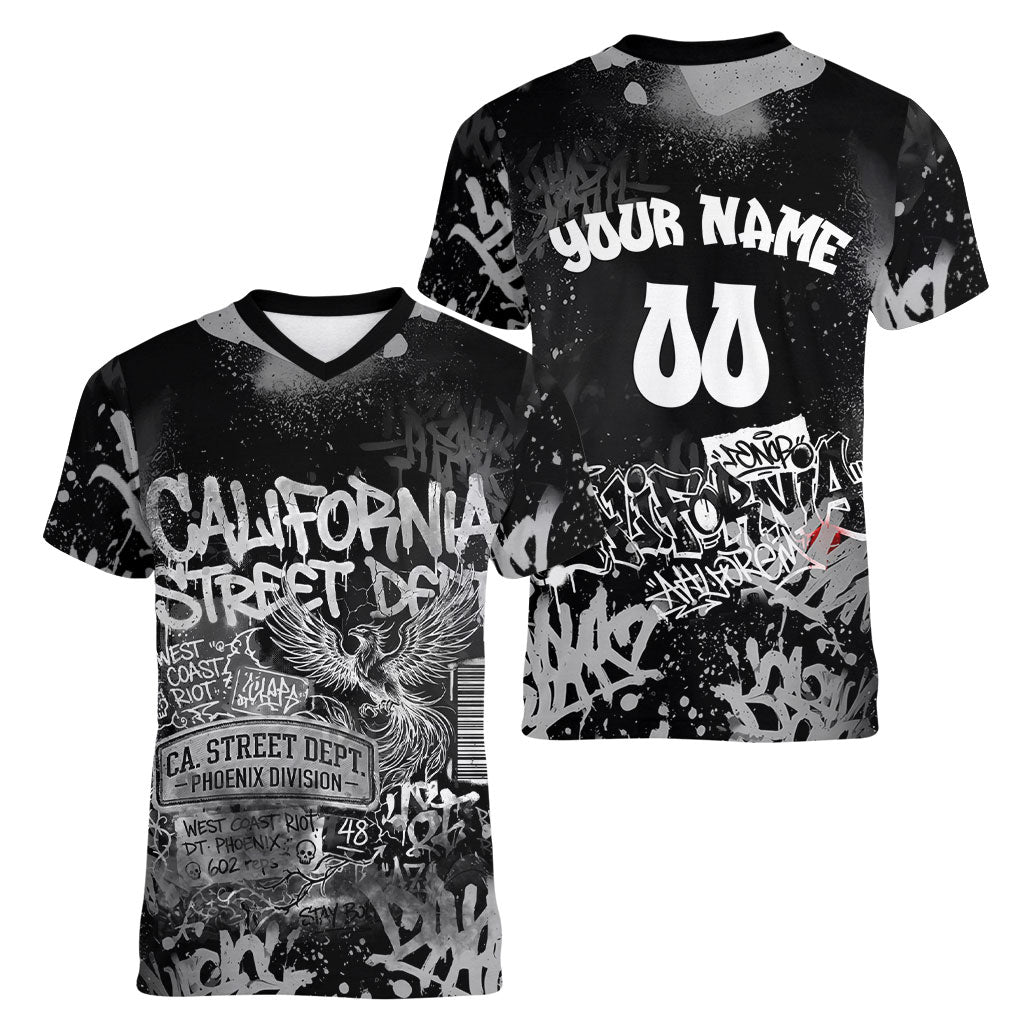 Personalized California Street Graffiti Women V-Neck T-Shirt Monochrome Urban Streetwear - Phoenix Bird - West Coast Riot