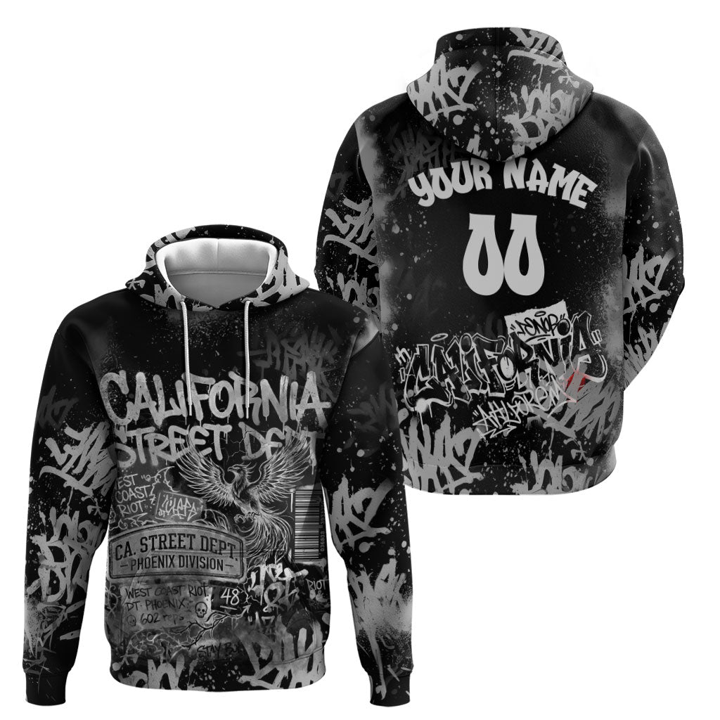 Personalized California Street Graffiti Zip Hoodie Monochrome Urban Streetwear - Phoenix Bird - West Coast Riot