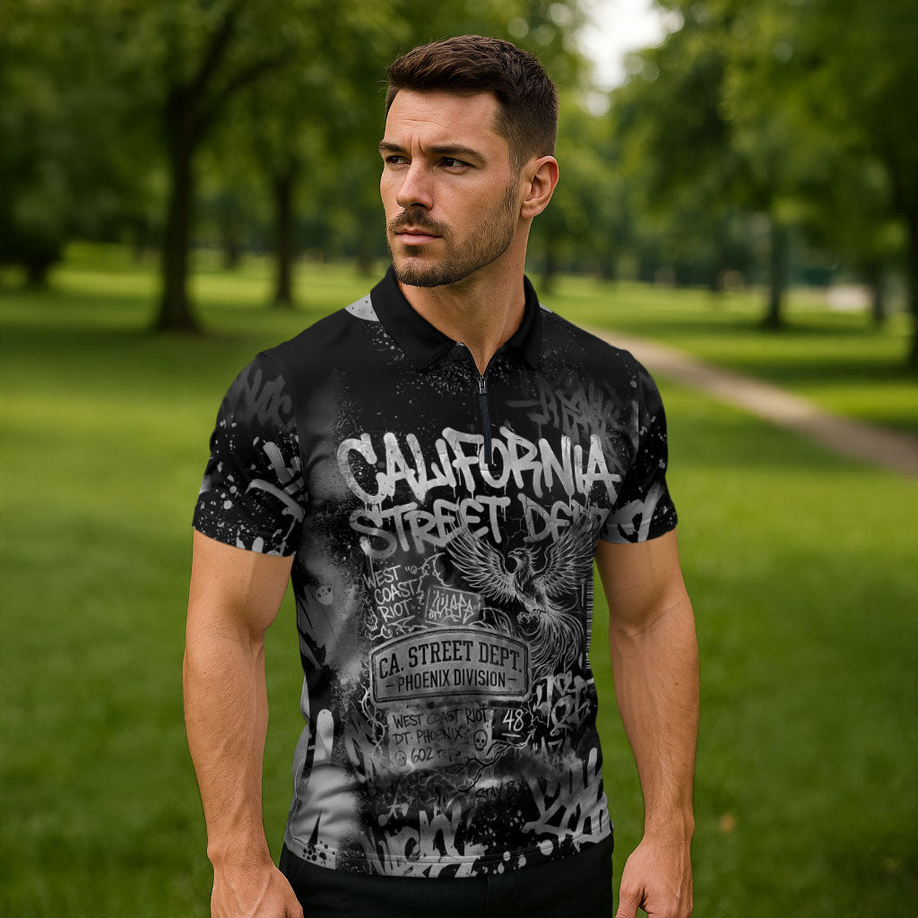 Personalized California Street Graffiti Zipper Polo Shirt Monochrome Urban Streetwear - Phoenix Bird - West Coast Riot