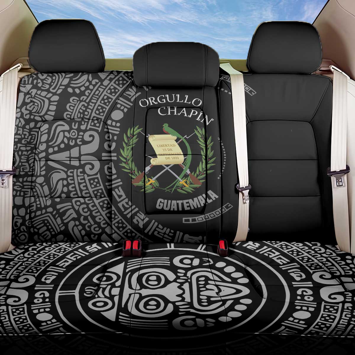 Guatemala National Emblem Back Car Seat Cover with Mayan Pattern and Orgullo Chapin Quote Design - Wonder Print Shop