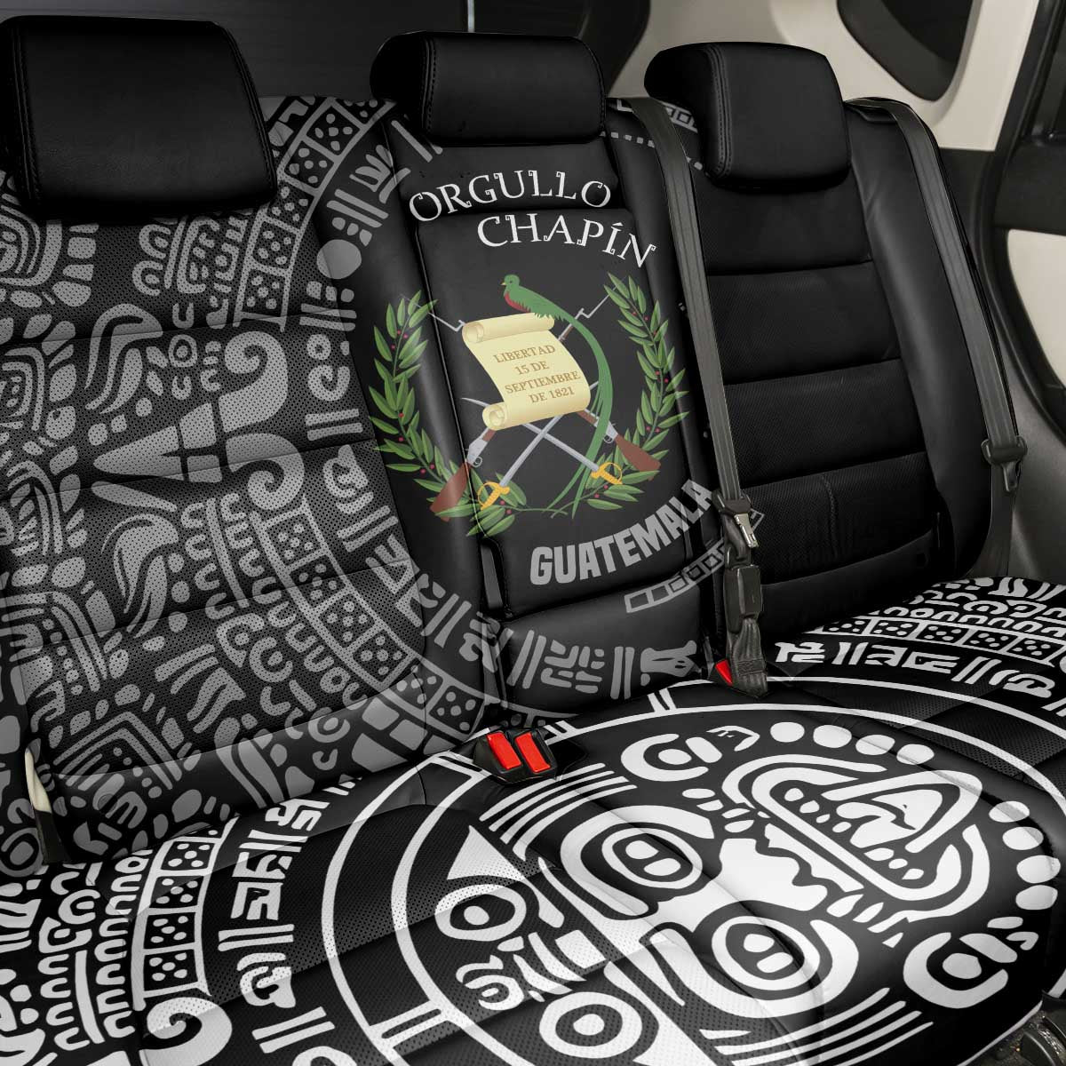 Guatemala National Emblem Back Car Seat Cover with Mayan Pattern and Orgullo Chapin Quote Design - Wonder Print Shop
