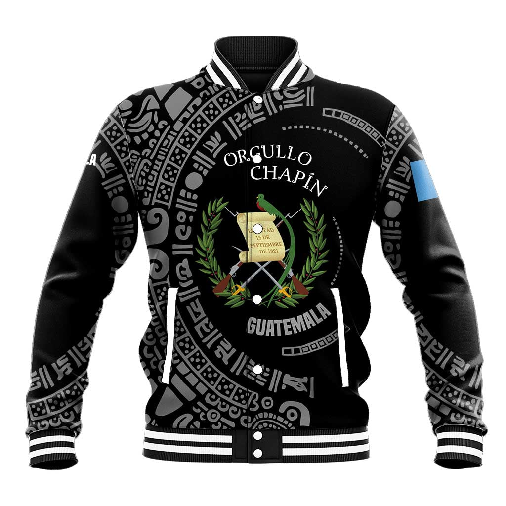 Guatemala National Emblem Baseball Jacket with Mayan Pattern and Orgullo Chapin Quote Design - Wonder Print Shop
