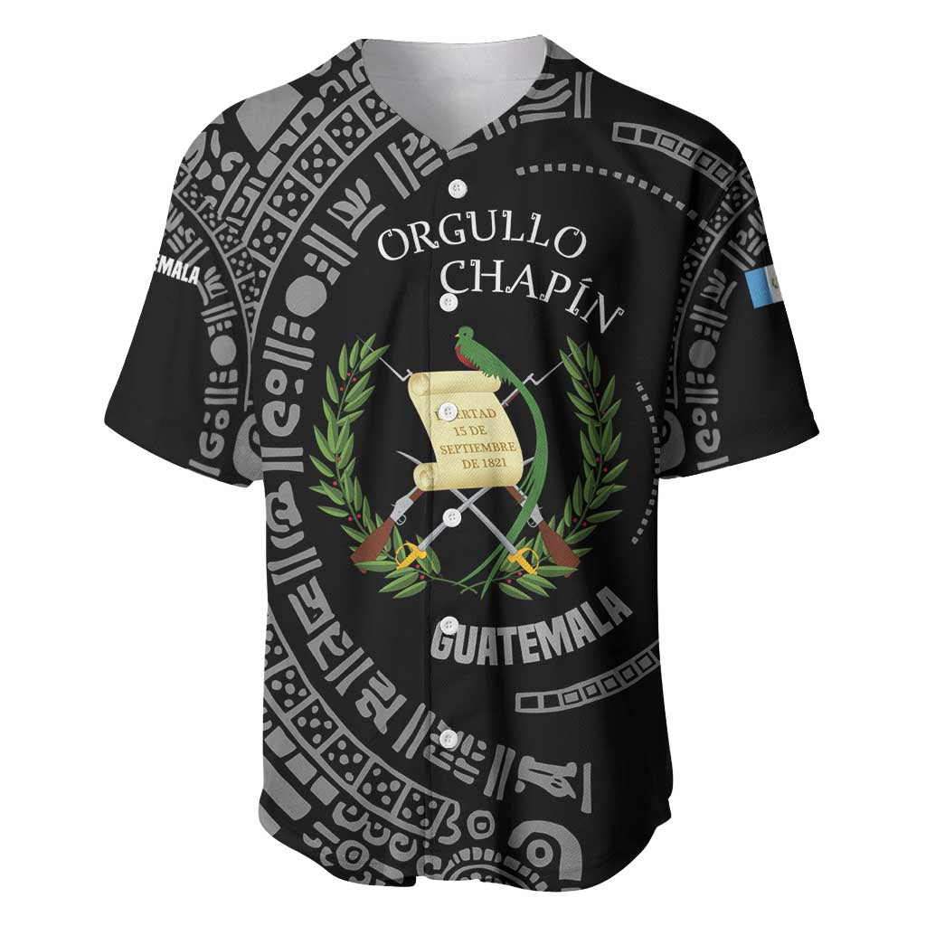 Guatemala National Emblem Baseball Jersey with Mayan Pattern and Orgullo Chapin Quote Design - Wonder Print Shop