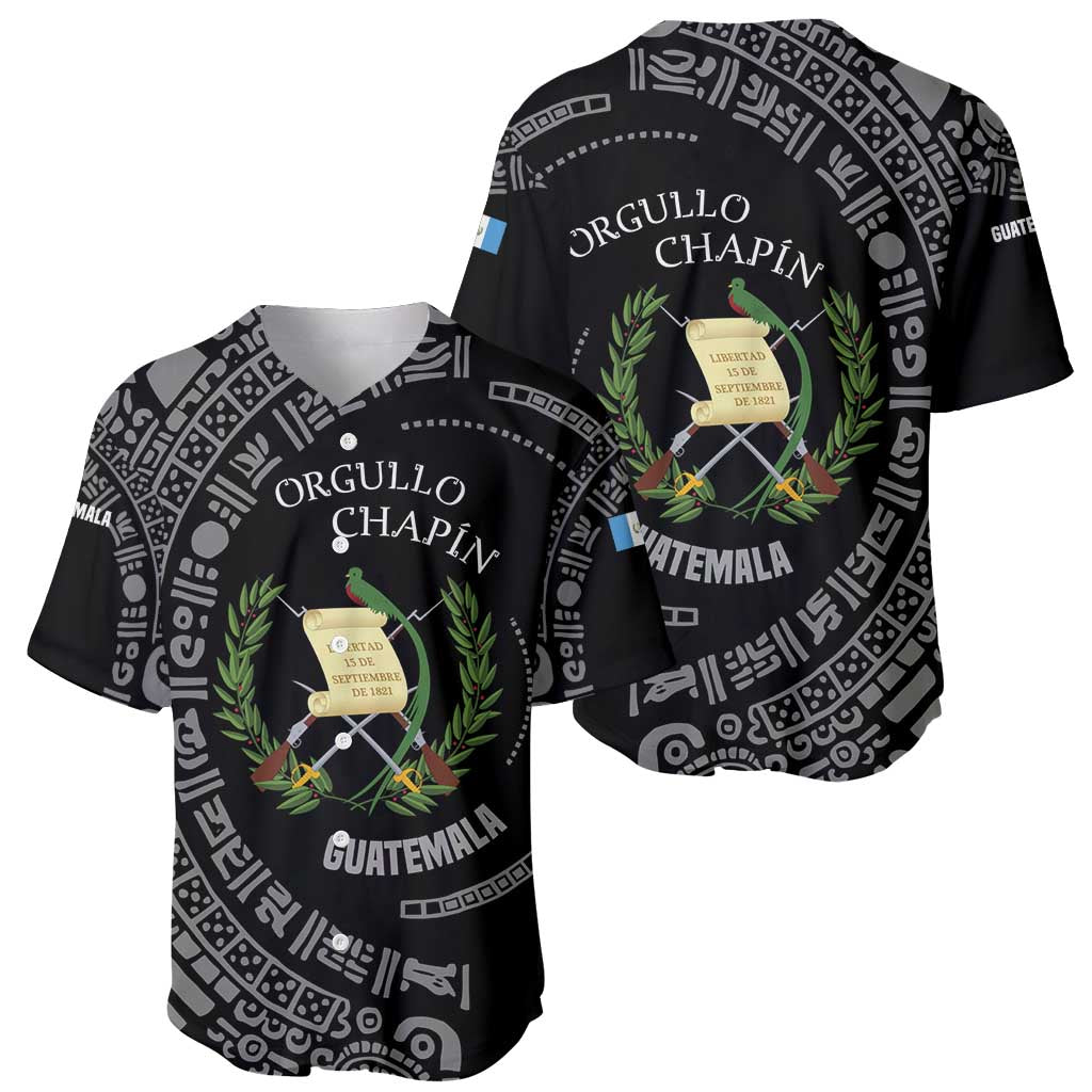 Guatemala National Emblem Baseball Jersey with Mayan Pattern and Orgullo Chapin Quote Design - Wonder Print Shop