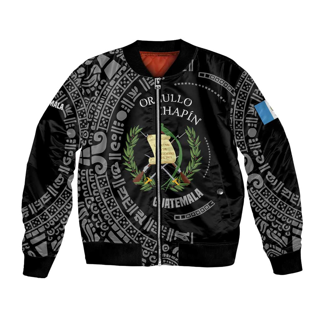 Guatemala National Emblem Bomber Jacket with Mayan Pattern and Orgullo Chapin Quote Design - Wonder Print Shop