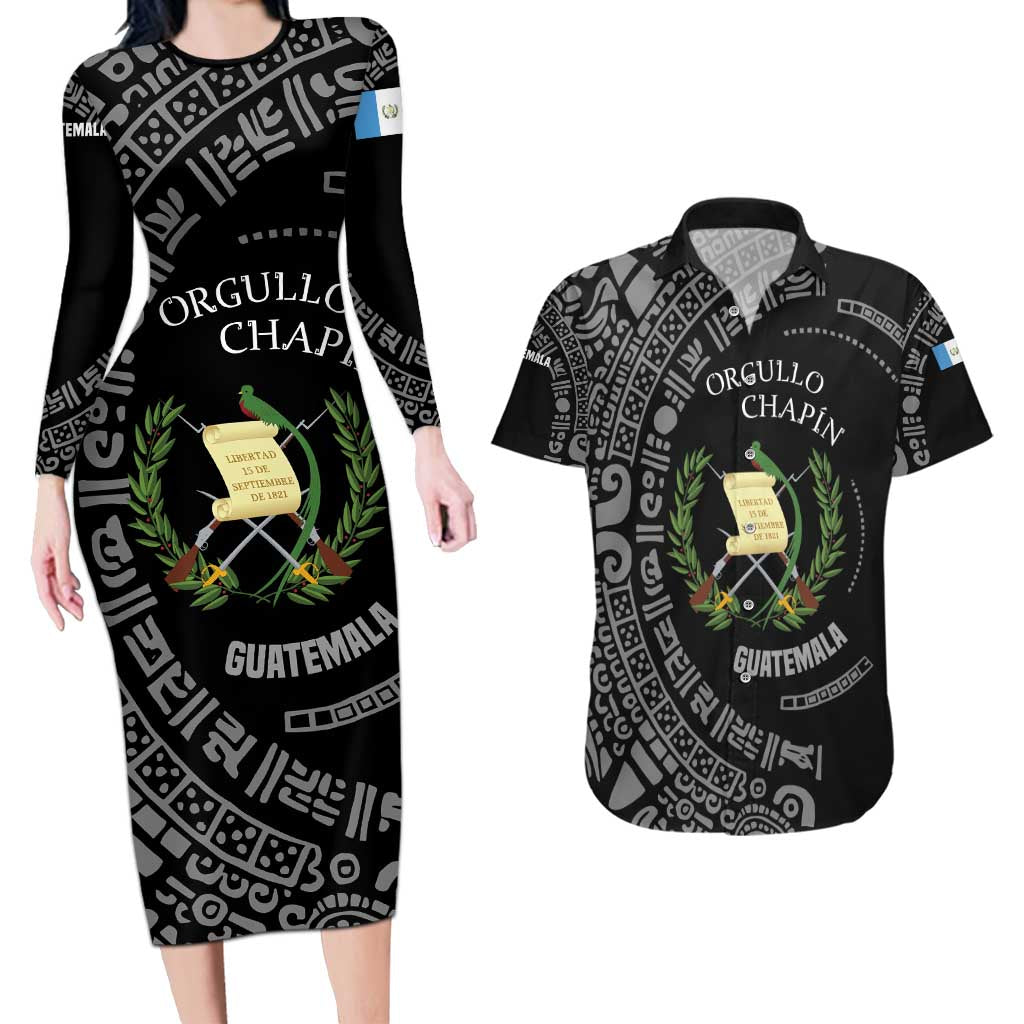 Guatemala National Emblem Couples Matching Long Sleeve Bodycon Dress and Hawaiian Shirt with Mayan Pattern and Orgullo Chapin Quote Design - Wonder Print Shop