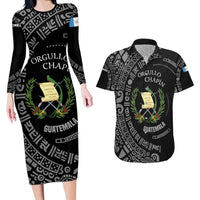 Guatemala National Emblem Couples Matching Long Sleeve Bodycon Dress and Hawaiian Shirt with Mayan Pattern and Orgullo Chapin Quote Design - Wonder Print Shop