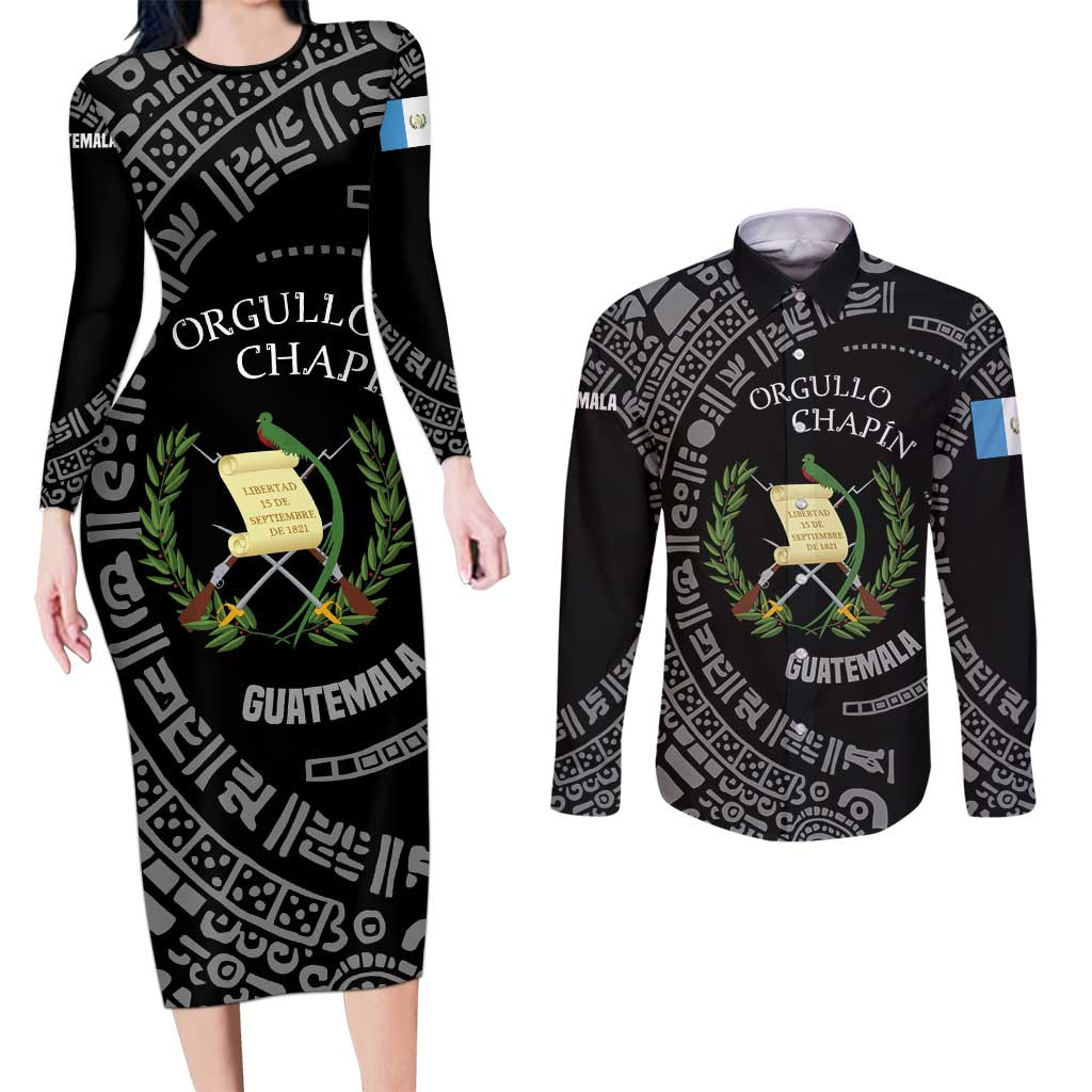 Guatemala National Emblem Couples Matching Long Sleeve Bodycon Dress and Long Sleeve Button Shirt with Mayan Pattern and Orgullo Chapin Quote Design - Wonder Print Shop