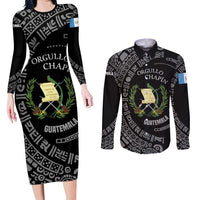 Guatemala National Emblem Couples Matching Long Sleeve Bodycon Dress and Long Sleeve Button Shirt with Mayan Pattern and Orgullo Chapin Quote Design - Wonder Print Shop
