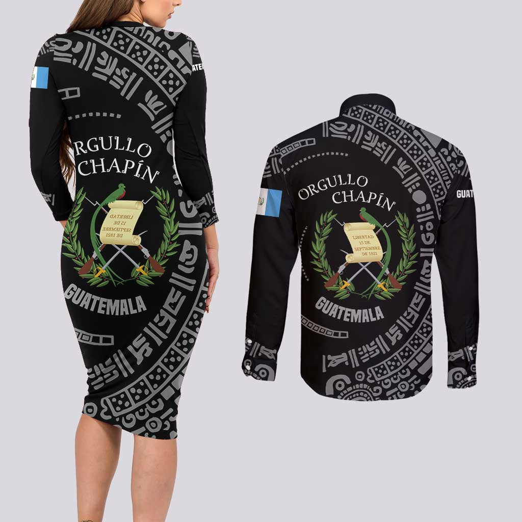 Guatemala National Emblem Couples Matching Long Sleeve Bodycon Dress and Long Sleeve Button Shirt with Mayan Pattern and Orgullo Chapin Quote Design - Wonder Print Shop