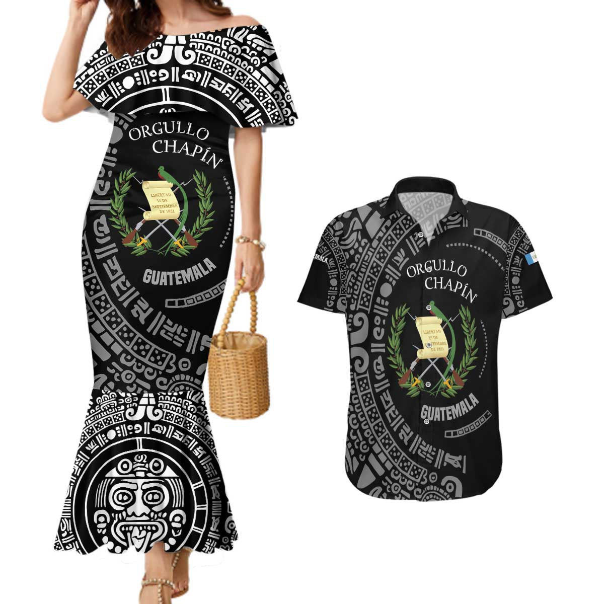 Guatemala National Emblem Couples Matching Mermaid Dress and Hawaiian Shirt with Mayan Pattern and Orgullo Chapin Quote Design - Wonder Print Shop
