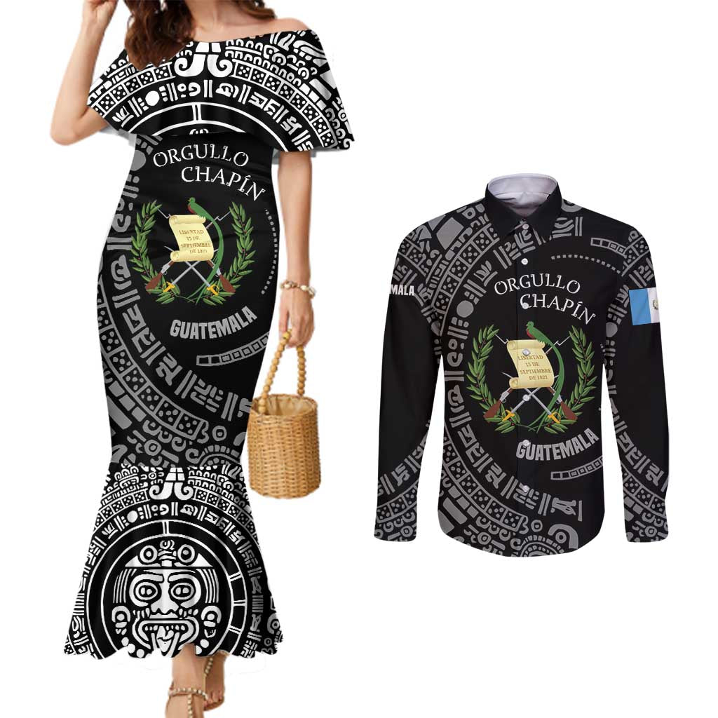 Guatemala National Emblem Couples Matching Mermaid Dress and Long Sleeve Button Shirt with Mayan Pattern and Orgullo Chapin Quote Design - Wonder Print Shop