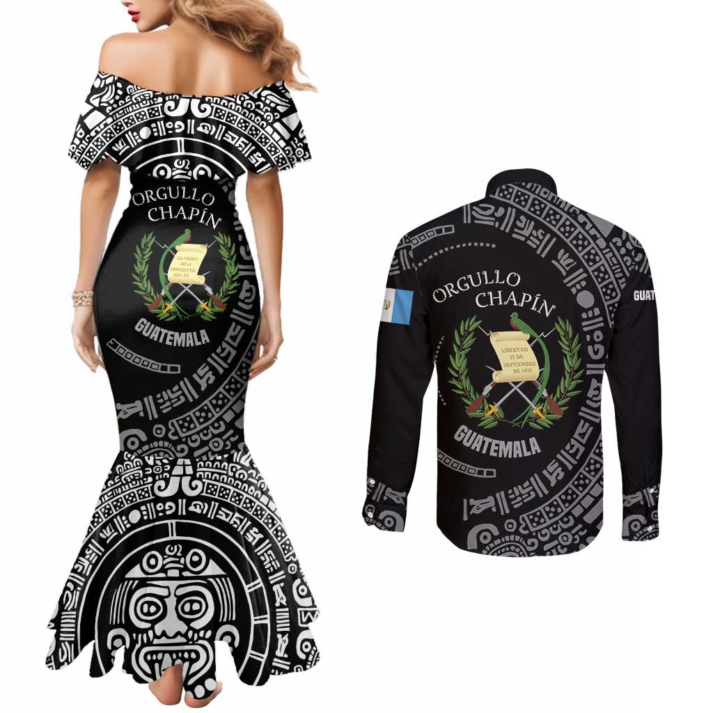 Guatemala National Emblem Couples Matching Mermaid Dress and Long Sleeve Button Shirt with Mayan Pattern and Orgullo Chapin Quote Design - Wonder Print Shop