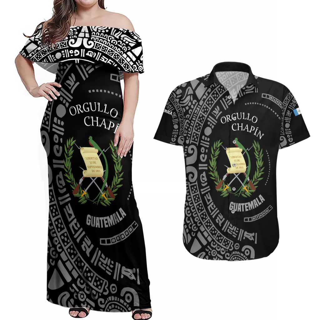 Guatemala National Emblem Couples Matching Off Shoulder Maxi Dress and Hawaiian Shirt with Mayan Pattern and Orgullo Chapin Quote Design - Wonder Print Shop