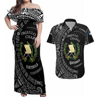 Guatemala National Emblem Couples Matching Off Shoulder Maxi Dress and Hawaiian Shirt with Mayan Pattern and Orgullo Chapin Quote Design - Wonder Print Shop