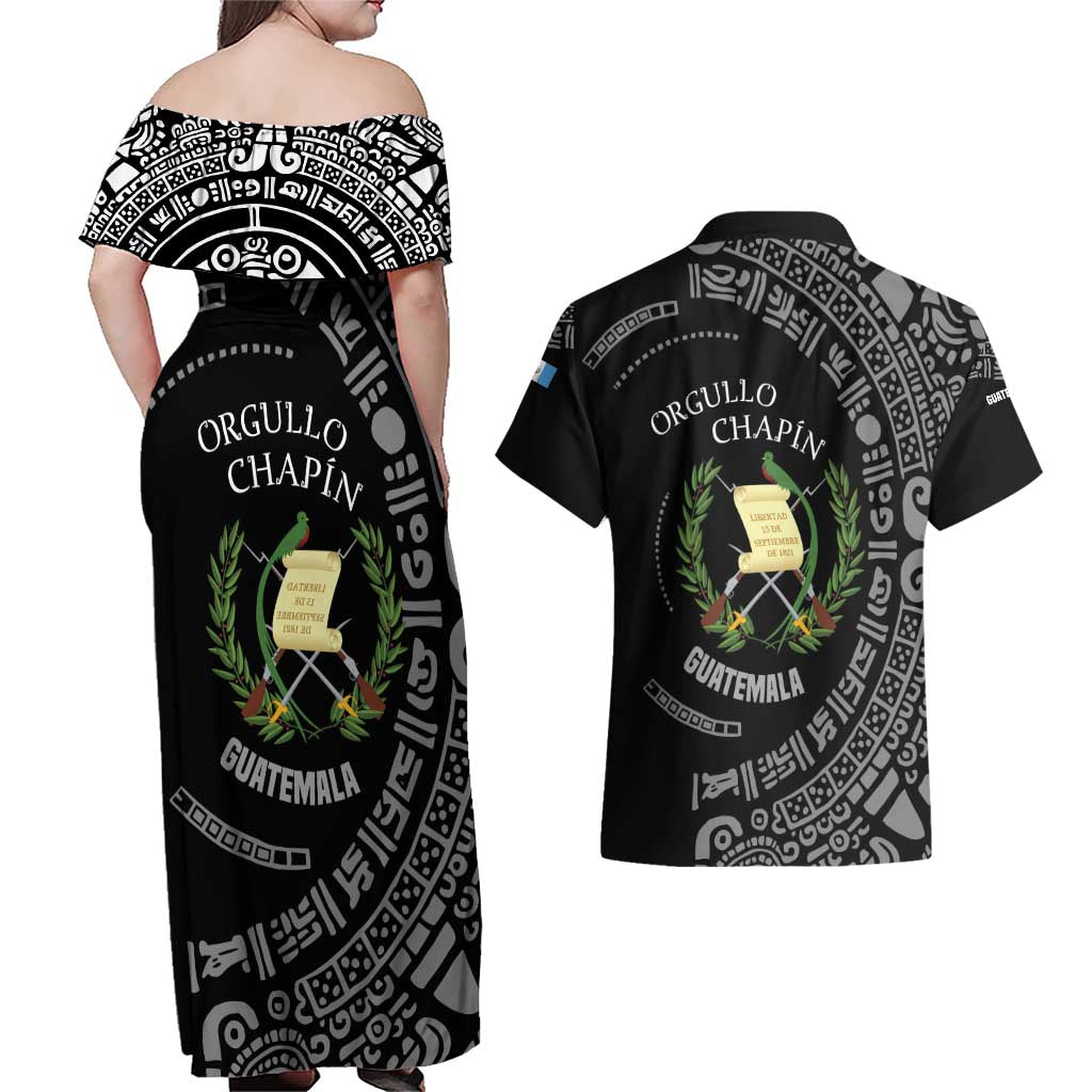 Guatemala National Emblem Couples Matching Off Shoulder Maxi Dress and Hawaiian Shirt with Mayan Pattern and Orgullo Chapin Quote Design - Wonder Print Shop