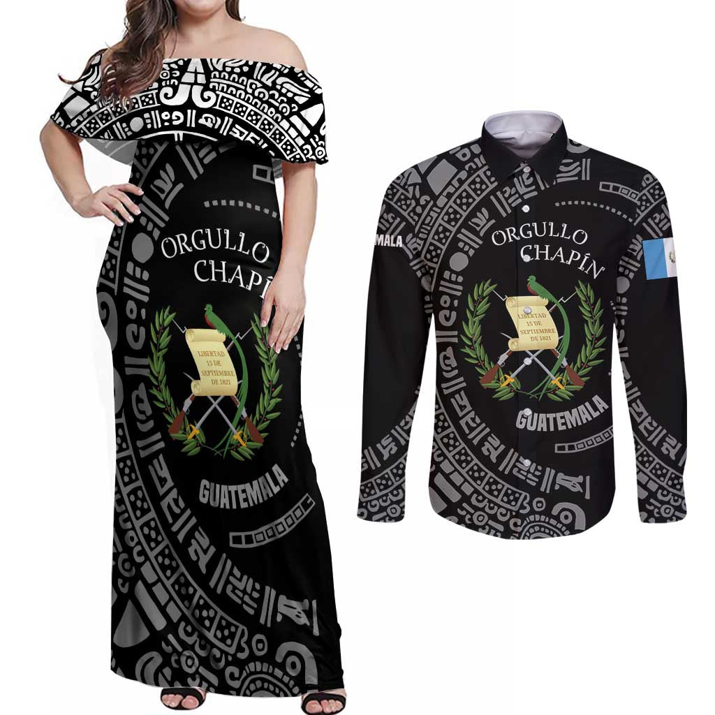 Guatemala National Emblem Couples Matching Off Shoulder Maxi Dress and Long Sleeve Button Shirt with Mayan Pattern and Orgullo Chapin Quote Design - Wonder Print Shop