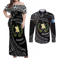 Guatemala National Emblem Couples Matching Off Shoulder Maxi Dress and Long Sleeve Button Shirt with Mayan Pattern and Orgullo Chapin Quote Design - Wonder Print Shop