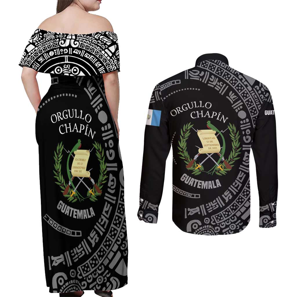 Guatemala National Emblem Couples Matching Off Shoulder Maxi Dress and Long Sleeve Button Shirt with Mayan Pattern and Orgullo Chapin Quote Design - Wonder Print Shop