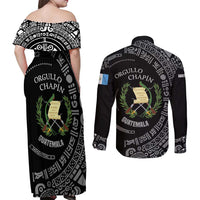 Guatemala National Emblem Couples Matching Off Shoulder Maxi Dress and Long Sleeve Button Shirt with Mayan Pattern and Orgullo Chapin Quote Design - Wonder Print Shop