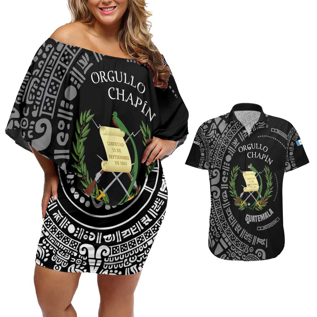 Guatemala National Emblem Couples Matching Off Shoulder Short Dress and Hawaiian Shirt with Mayan Pattern and Orgullo Chapin Quote Design - Wonder Print Shop