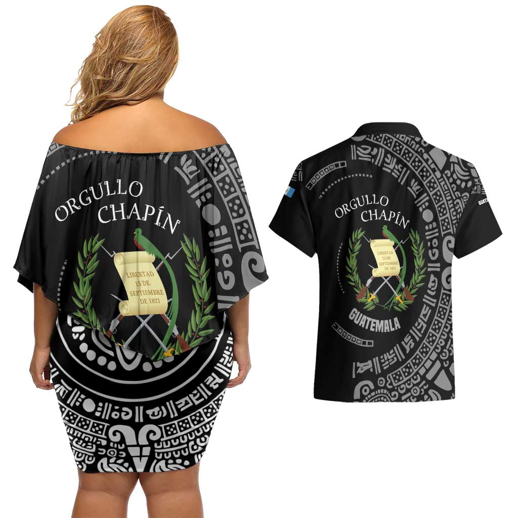Guatemala National Emblem Couples Matching Off Shoulder Short Dress and Hawaiian Shirt with Mayan Pattern and Orgullo Chapin Quote Design - Wonder Print Shop