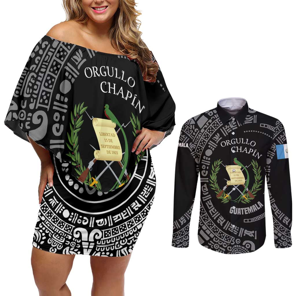 Guatemala National Emblem Couples Matching Off Shoulder Short Dress and Long Sleeve Button Shirt with Mayan Pattern and Orgullo Chapin Quote Design - Wonder Print Shop