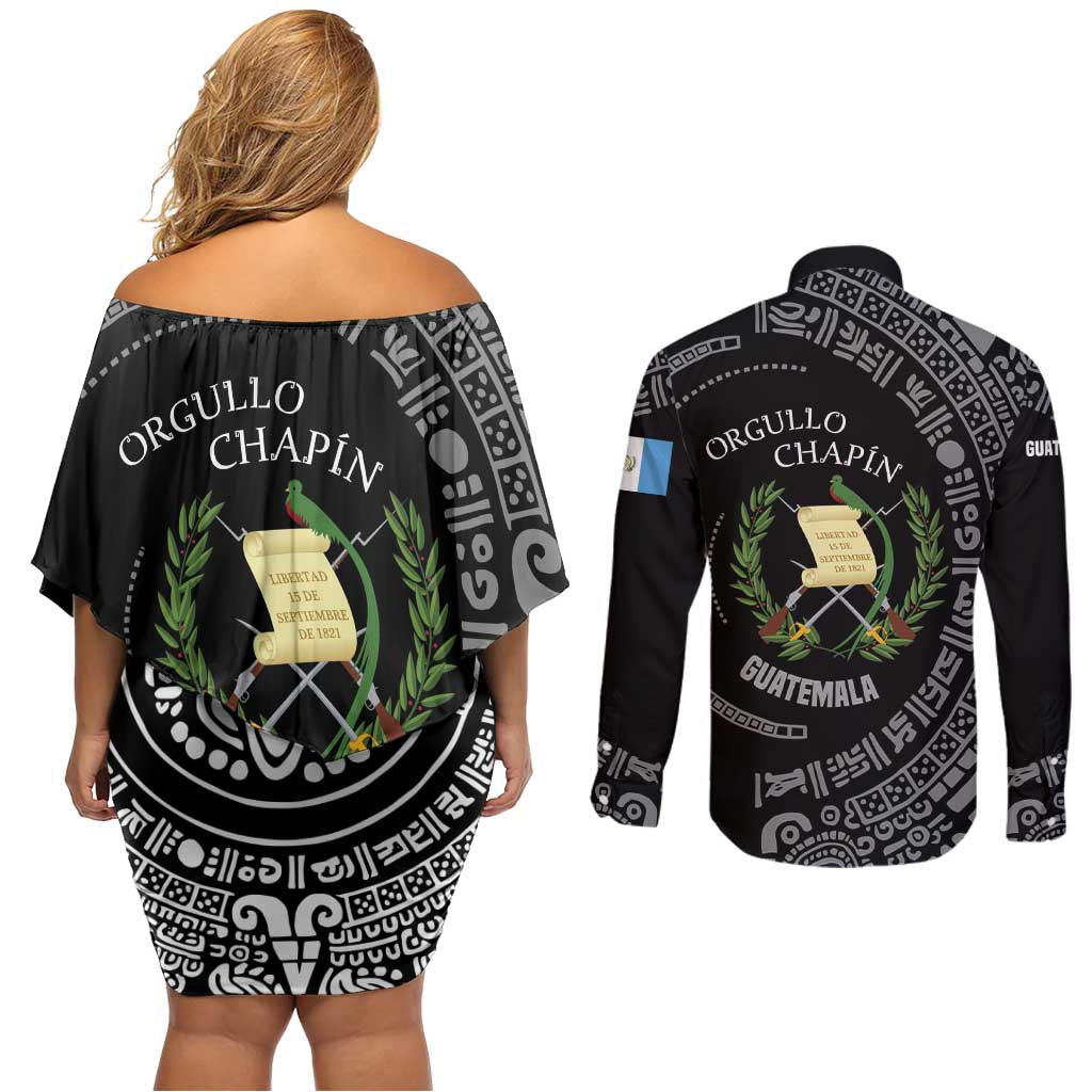 Guatemala National Emblem Couples Matching Off Shoulder Short Dress and Long Sleeve Button Shirt with Mayan Pattern and Orgullo Chapin Quote Design - Wonder Print Shop