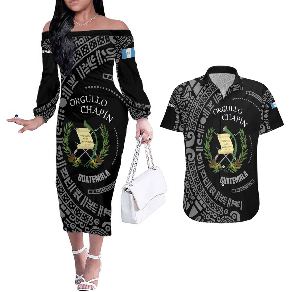 Guatemala National Emblem Couples Matching Off The Shoulder Long Sleeve Dress and Hawaiian Shirt with Mayan Pattern and Orgullo Chapin Quote Design - Wonder Print Shop