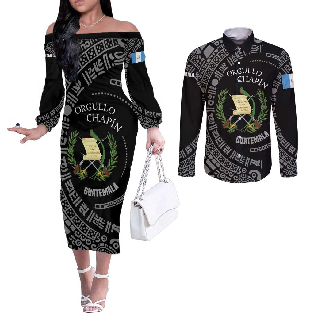 Guatemala National Emblem Couples Matching Off The Shoulder Long Sleeve Dress and Long Sleeve Button Shirt with Mayan Pattern and Orgullo Chapin Quote Design - Wonder Print Shop