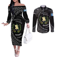 Guatemala National Emblem Couples Matching Off The Shoulder Long Sleeve Dress and Long Sleeve Button Shirt with Mayan Pattern and Orgullo Chapin Quote Design - Wonder Print Shop