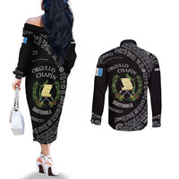Guatemala National Emblem Couples Matching Off The Shoulder Long Sleeve Dress and Long Sleeve Button Shirt with Mayan Pattern and Orgullo Chapin Quote Design - Wonder Print Shop