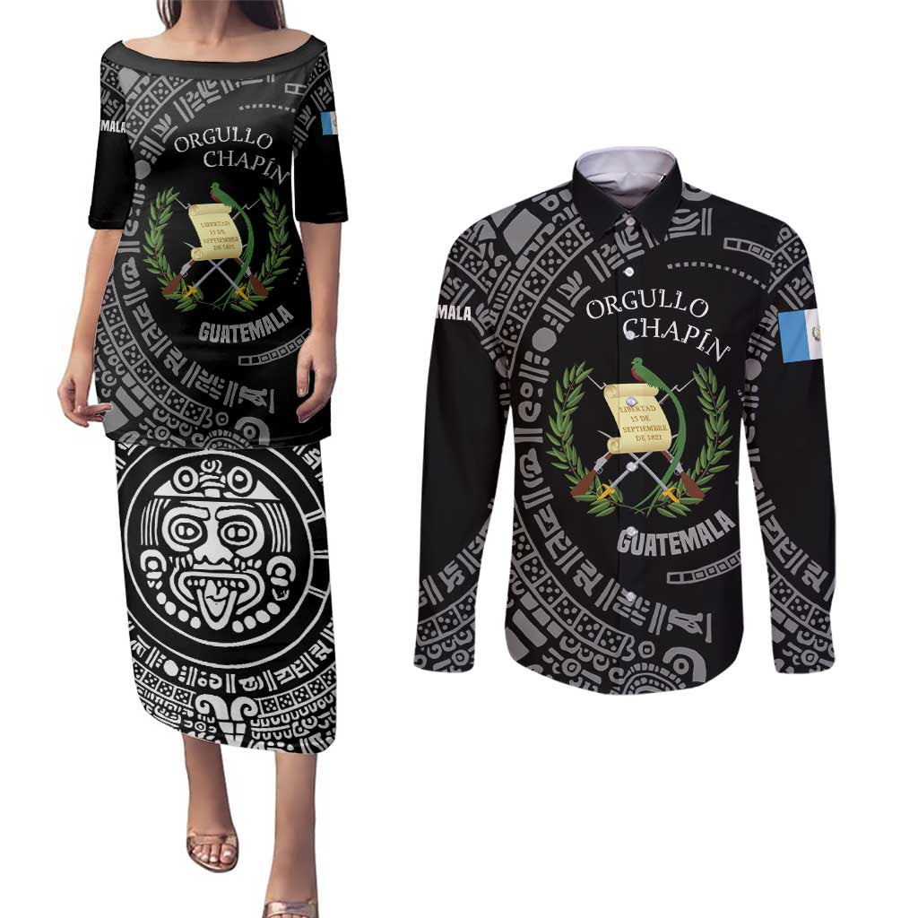 Guatemala National Emblem Couples Matching Puletasi and Long Sleeve Button Shirt with Mayan Pattern and Orgullo Chapin Quote Design - Wonder Print Shop