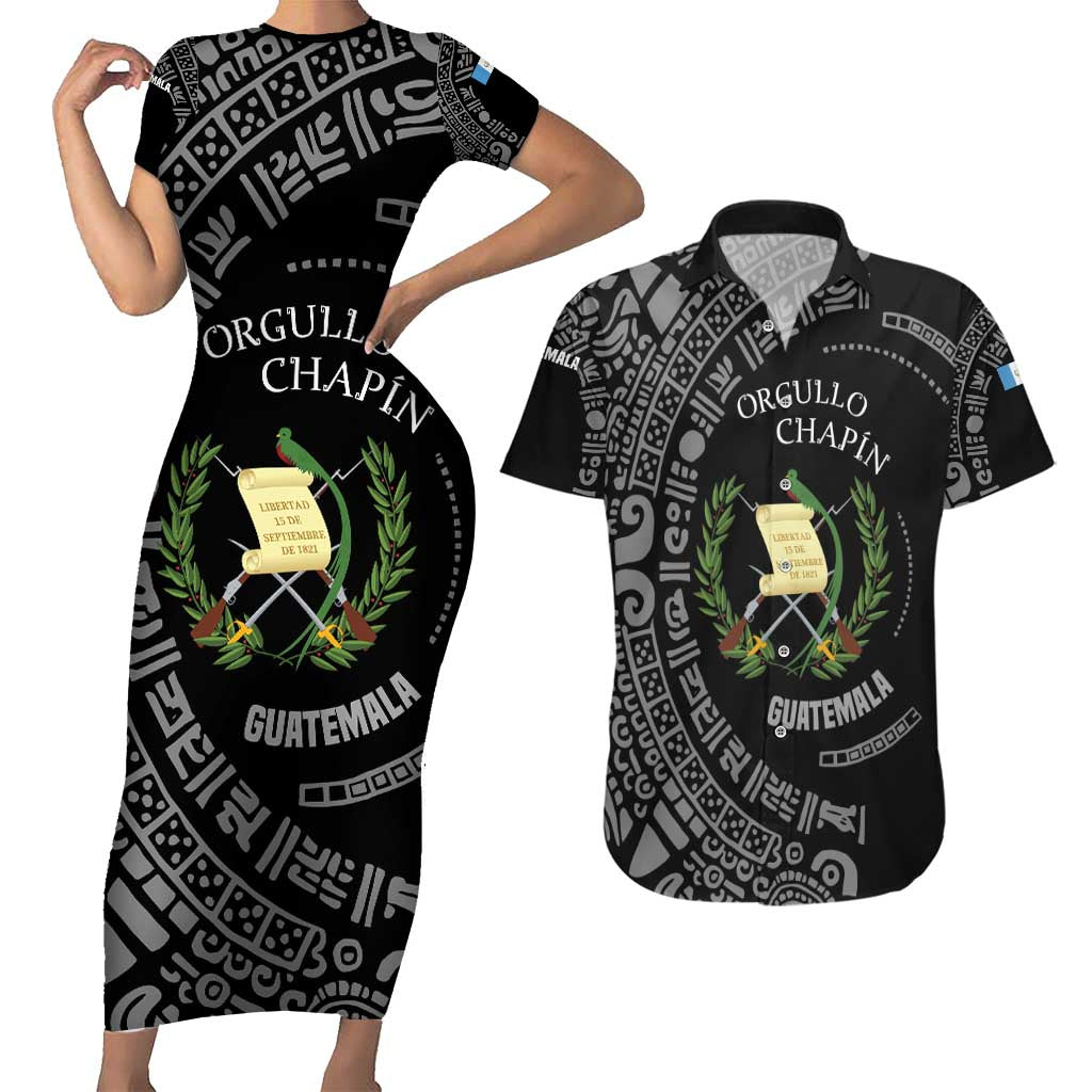 Guatemala National Emblem Couples Matching Short Sleeve Bodycon Dress and Hawaiian Shirt with Mayan Pattern and Orgullo Chapin Quote Design - Wonder Print Shop