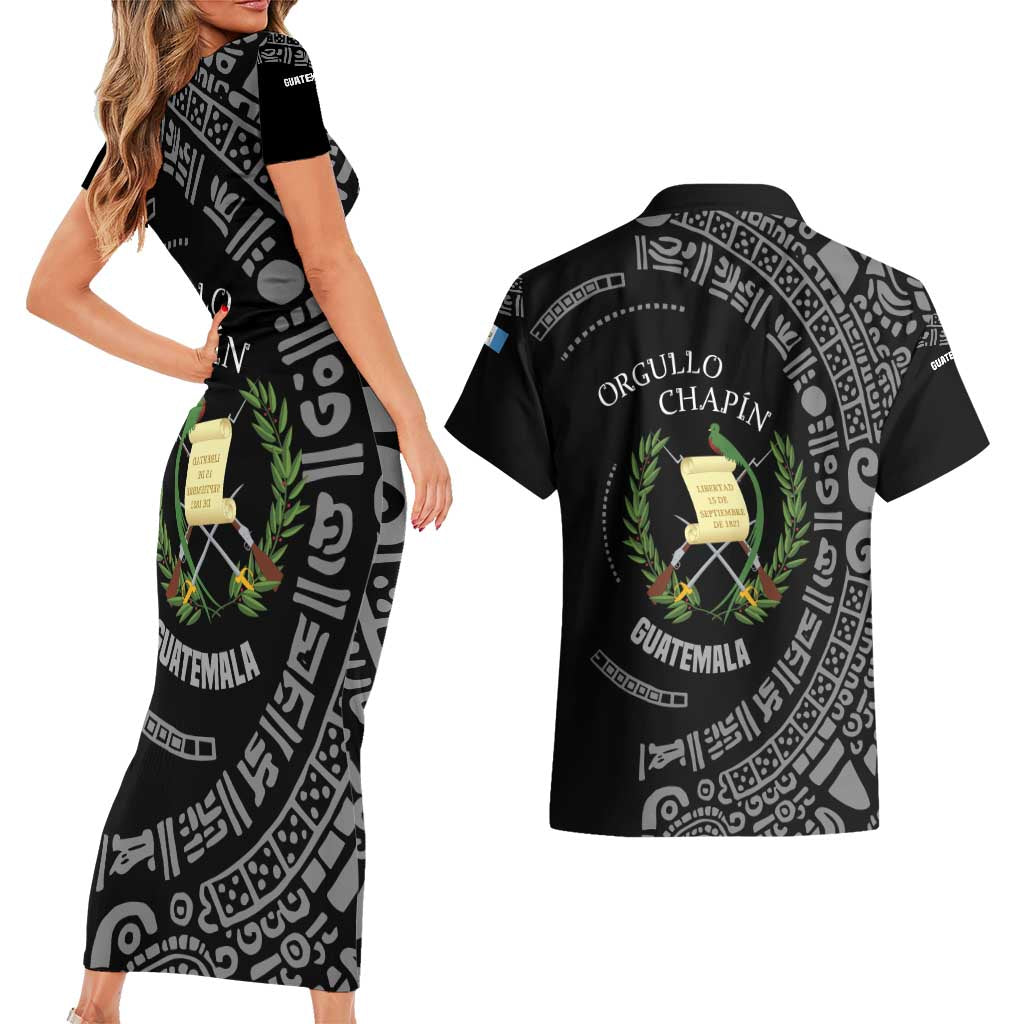 Guatemala National Emblem Couples Matching Short Sleeve Bodycon Dress and Hawaiian Shirt with Mayan Pattern and Orgullo Chapin Quote Design - Wonder Print Shop