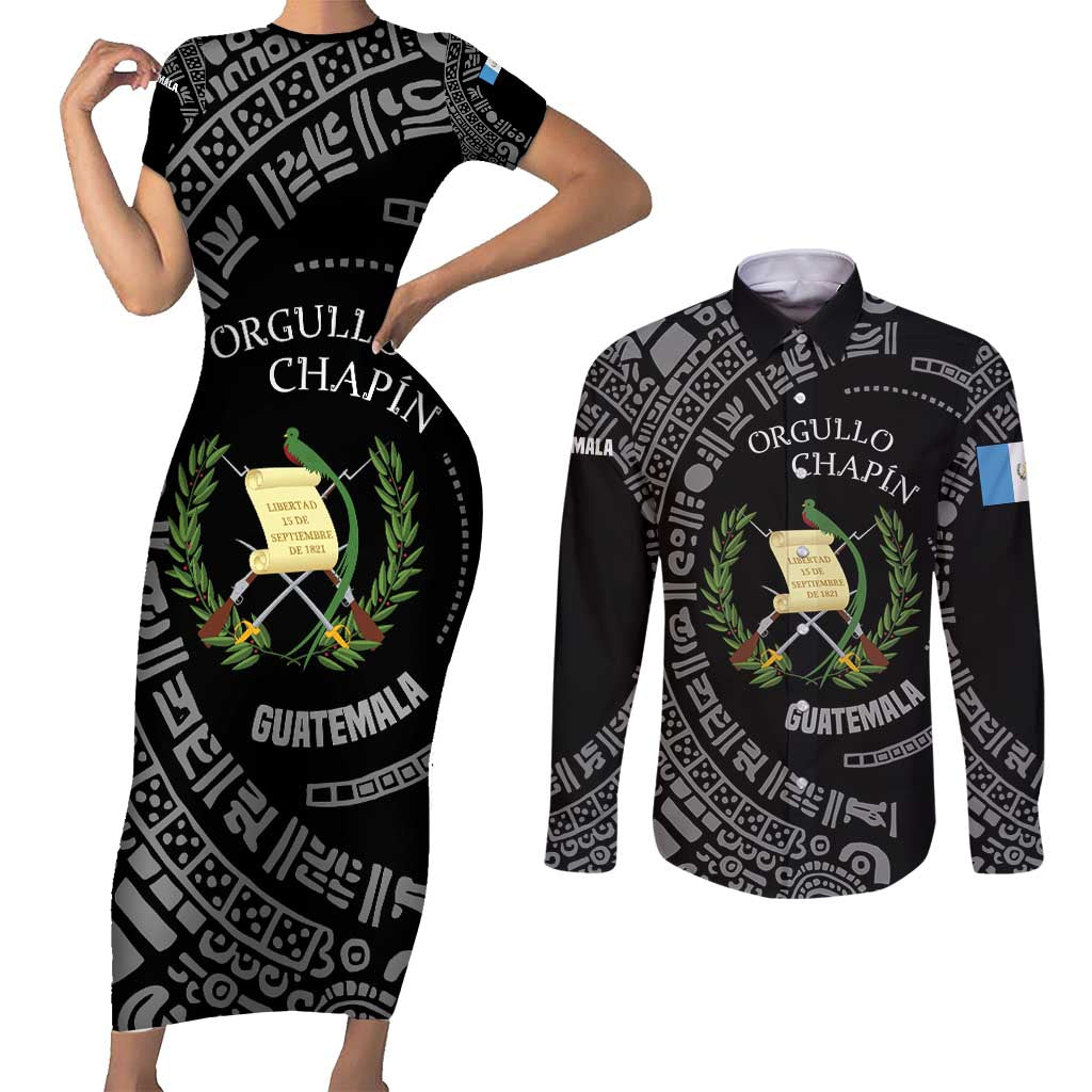 Guatemala National Emblem Couples Matching Short Sleeve Bodycon Dress and Long Sleeve Button Shirt with Mayan Pattern and Orgullo Chapin Quote Design - Wonder Print Shop
