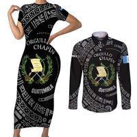 Guatemala National Emblem Couples Matching Short Sleeve Bodycon Dress and Long Sleeve Button Shirt with Mayan Pattern and Orgullo Chapin Quote Design - Wonder Print Shop